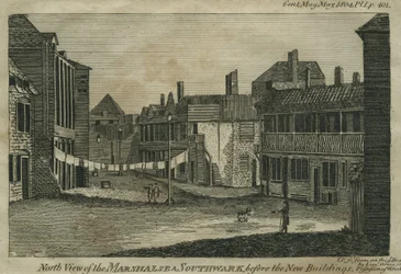 Vista Norte de Marshalsea, Southwark, antes de los Nuevos Edificios, grabado por T.P., c.1804